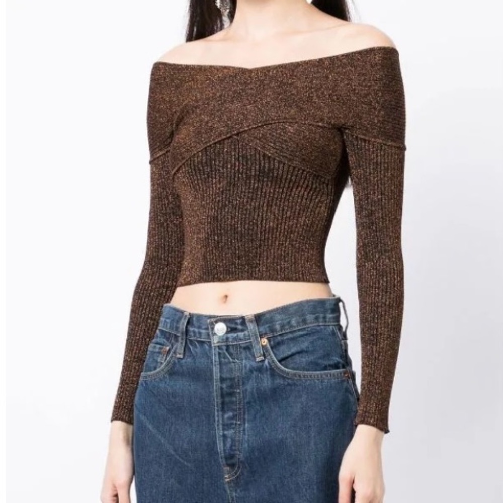 NWT Self Portrait brown glitter lurex long sleeve off the shoulder top